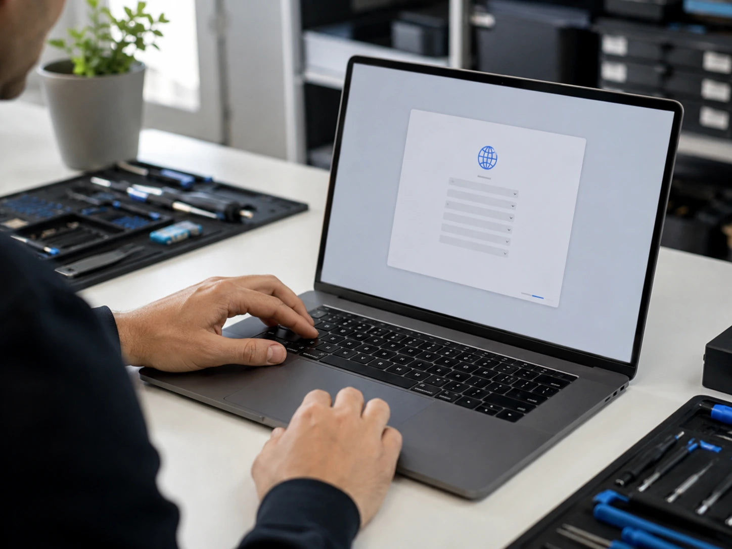 Laptop being reset and checked before rental